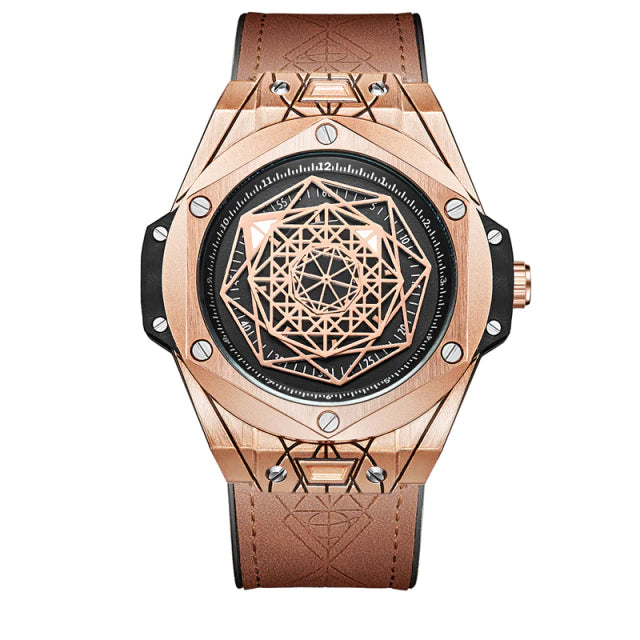 Onola Watch Big Bang Gold Geometric Dial Leather Wrist Band ONOLA STORE